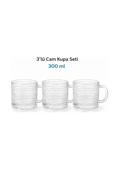 Carnival 3 Lü Kabartmalı Cam Kupa Seti 300 Ml Şeffaf Çay & Kahve Kupası Beyaz