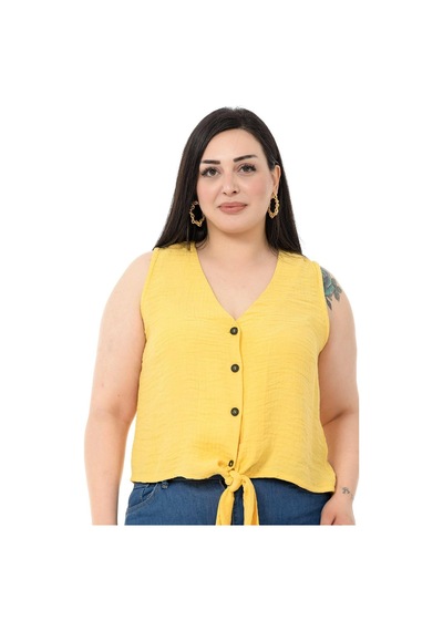 Disentis Büyük Beden Bağlama Detaylı Kolsuz Sarı Bluz-sarı Sarı