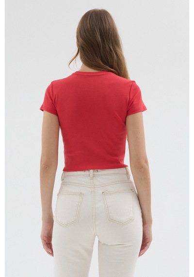 Urbantrendstore Kadın Bisiklet Yaka Likralı Kısa Kol Body Crop Bluz Günlük Şık Sade Yazlık Casual Crop Kadın Crop Kırmızı