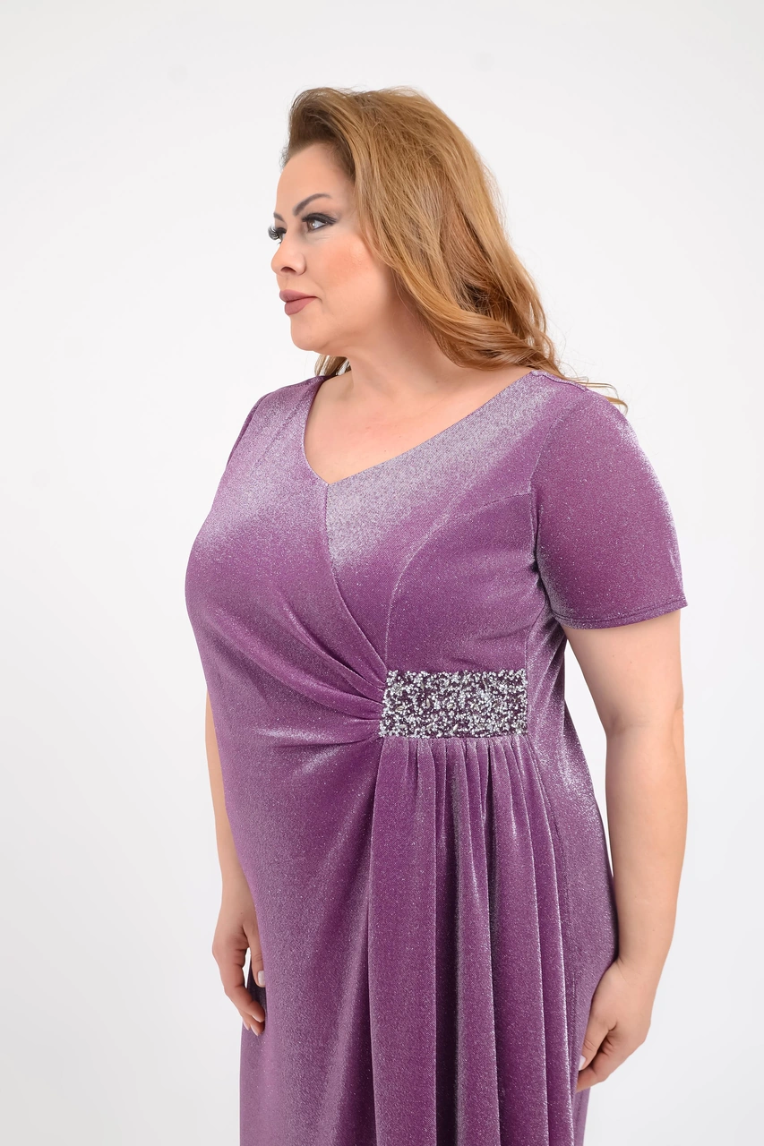 Lilas Xxl Büyük Beden Mürdüm Renkli Kısa Kollu V Yaka Likralı Simli Abiye Elbise Koyu Mürdüm Lilas Xxl Büyük Beden Mürdüm Renkli Kısa Kollu V Yaka Likralı Simli Abiye Elbise Koyu Mürdüm