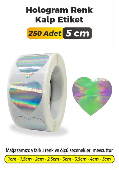 Hologram Renk Kalp Kesim Etiket 5cm 250 Adet Çok Renkli