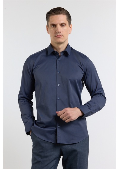 İmza Koyu Lacivert Sert Yaka Uzun Kol Cepsiz Slim Fit Pamuklu Gömlek 1004255228