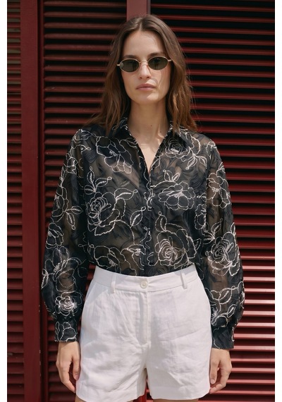 Sateen Nakış Detaylı Gömlek - Siyah-137497