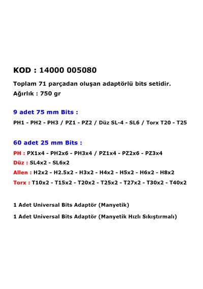 Elta Adaptörlü Bits Uç Seti 71 Parça 14000005080