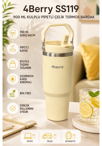 Ss119 900 Ml Çelik Termos Bardak Pipetli Kulplu Taşınabilir Su Matarası Krem