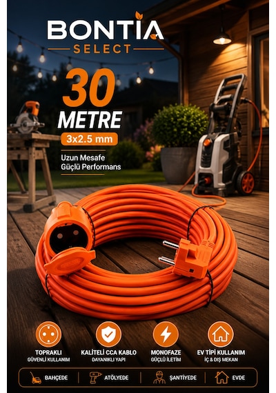 30 Metre Uzatma Kablosu 3x2.5 Mm Topraklı Cca Kablolu Tekli Grup Priz Kapaklı Monofaze Ev Tipi Uzatma Kablosu Taşıma Çantalı 15 M Ve Üzeri