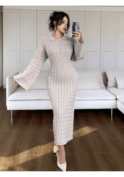 Sayzen Your Shine Gömlek Yaka Düğmeli Saç Örgülü Triko Elbise Sy-2515 Ekru