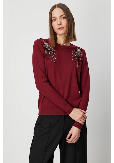 On Kadın Omzu Taş Detaylı Triko Kazak 63314 Bordo Bordo