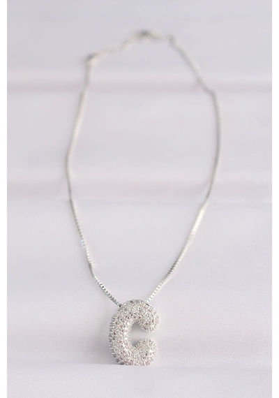 316l Çelik Zincirli Zirkon Taşlı C Harfli Silver Renk Bubble Kolye Çok Renkli