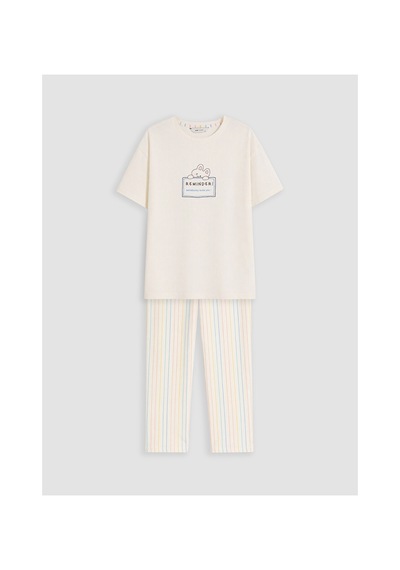 Lcw Young Ekru Bisiklet Yaka Baskılı Kadın Pijama Takım