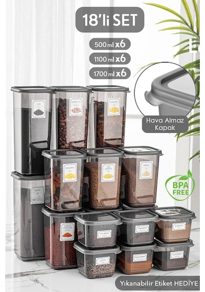 Meleni Home 18'li Set Kapaklı Kare Erzak Saklama Kabı Antrasit 6x 0,50 Lt-1,10 Lt -1,70 Lt Etiketli Baharatlık