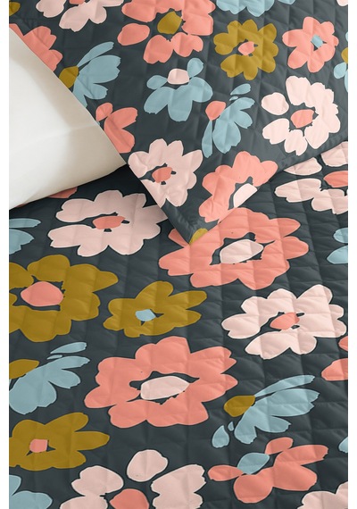 Çiçekli Antrasit Genç Odası Tek Kişilik Pike Takımı-retro Pembe Mavi 160x220cm Kapitone Yatak Örtüsü Fısıltılı Kil İzi