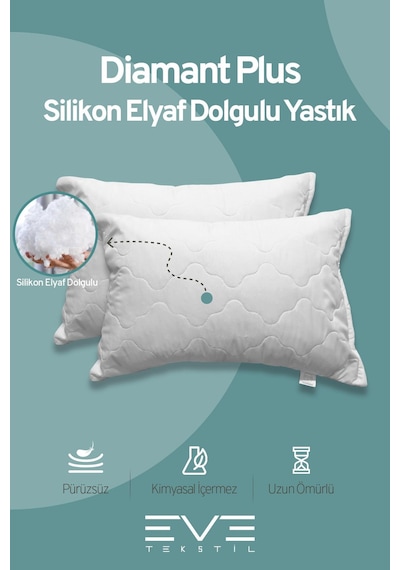Eve Tekstil 8 Adet Diamant Plus Kılıflı Fermuarlı Yıkanabilir Antialerjik Silikon Elyaf Yastık 50x70cm 800 Gr Beyaz