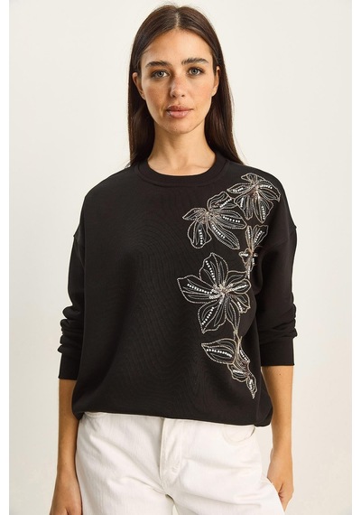 Shade Kadın Bisiklet Yaka Çiçek Boncuk İşlemeli Relaxed Sweatshirt 1572 60283809 - Siyah