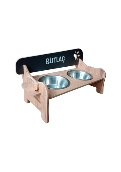 Özel İsim Baskılı, Ahşap, Kademeli, Eğimli, Çelik Kaseli, Kedi-köpek Mama Ve Su Kabı Stantı
