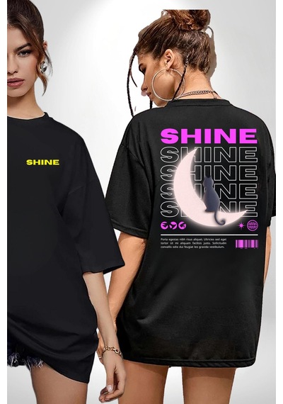 Parlayan Siyah Kedi Siyah Oversize Unisex Ön Ve Sırt Baskılı Tişört Siyah
