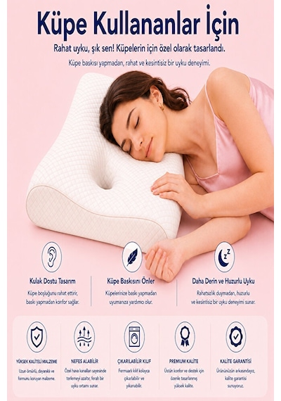 Soundsleep Kulak Dostu Uyku Yastığı Küpe Ve Kulaklık Kullananlar İçin Ergonomik Visco Yastık Beyaz
