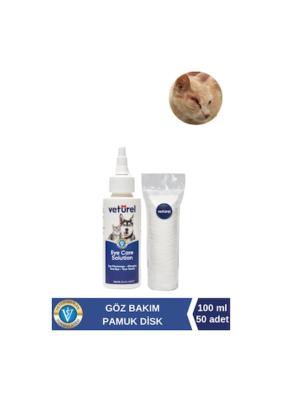 Veturel Kedi Göz Temizleme Solüsyonu Akıntı Alerji Kızarıklık Gözyaşı Lekesi 100ml Disk Pamuk 50li