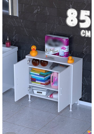 Söke 85 Cm Çok Amaçlı Kapaklı 2 Raflı 3 Bölmeli Şifonyer Dolap Beyaz