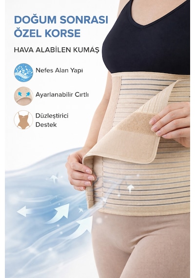 Beyaz Medikal Doğum Sonrası Özel Korse Abdominal Ayarlanabilir Cırtlı, Hava Alabilen Kumaş Bej
