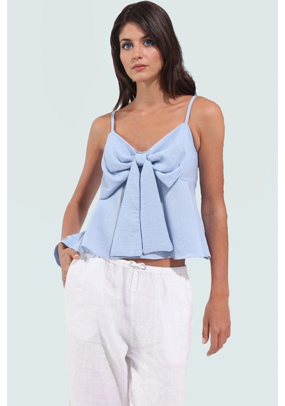 Ersefa Fitted Kalıp Keten Görünümlü Kolsuz Bluz %100 Polyester Günlük Ku Açık Mavi