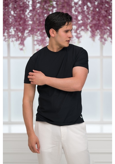 Paul Martin Slimfit Lyocell Kumaş Likralı Küçük Armürlü Bisiklet Yaka T-shirt Siyah