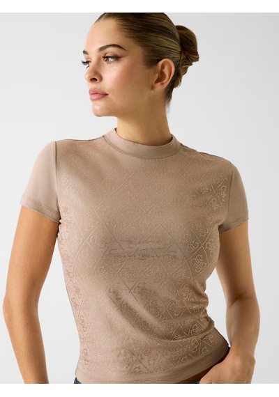 Guess W4bı26j1314 Ss Mock Neck All Ove Kadın Tişört Bej