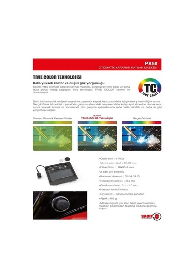 Sacit P850 Otomatik Kararan Kaynak Maskesi True Color