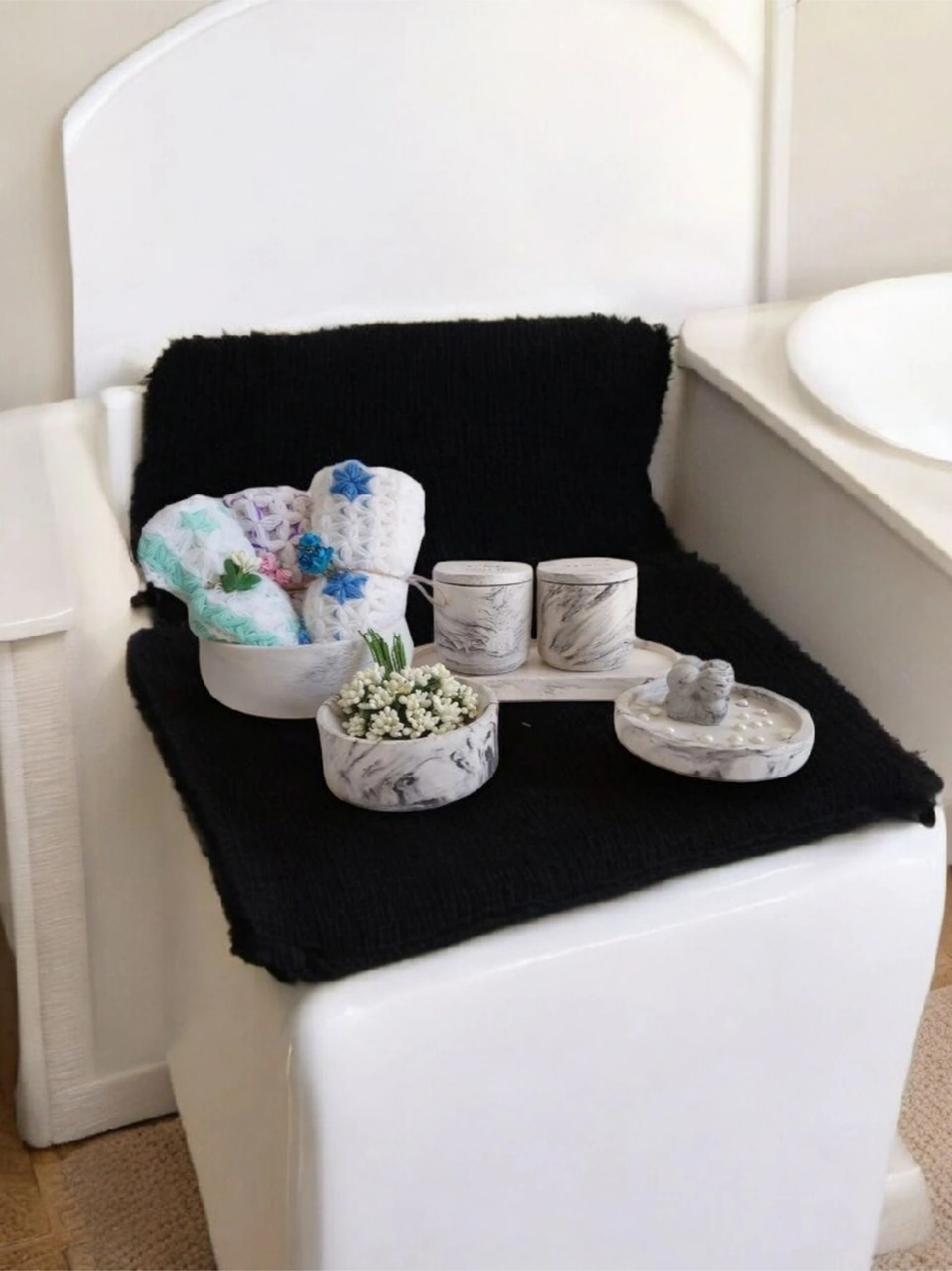 Organizerli,havluluklu, Banyo Seti, Sıvı Sabunluk Diş Fırçalığı Beton Aksesuar Takımı Gri