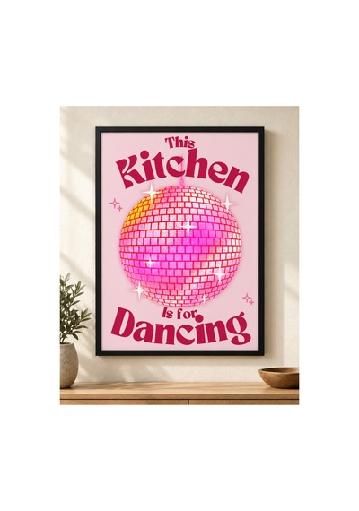 Mutfakta Dans Pembe Disko Topu Posteri Retro Yazılı Dekoratif Mutfak Posteri 21x30 Cm Çerçevesiz