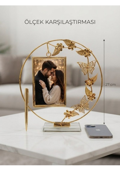 Lüx Gold Kelebek Ve Çiçek Figürlü Pleksi Tabanlı Metal Fotoğraf Çerçevesi 27 Cm Hediyelik Dekoratif Hediyelik Eşya