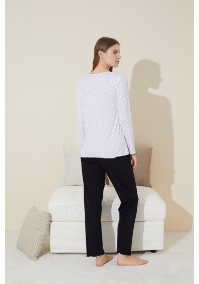 Siyah İnci Pamuklu Örme Pijama Takım 24240122 Beyaz