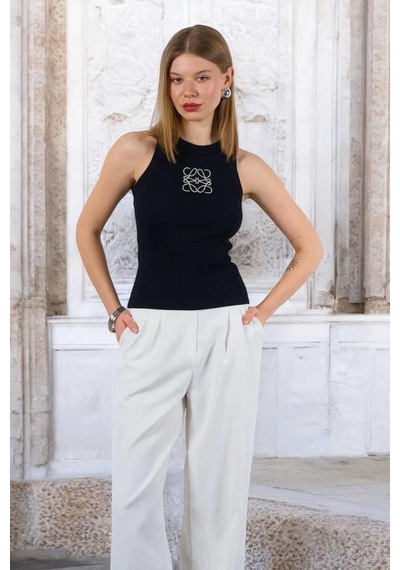 Kadın Siyah Halter Yaka Fitilli Zincirli Atlet Bluz
