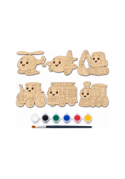 6 Lı Sevimli Taşıtlar Mdf Boyama Seti 17 Cm Sulu Boya Ve Fırça