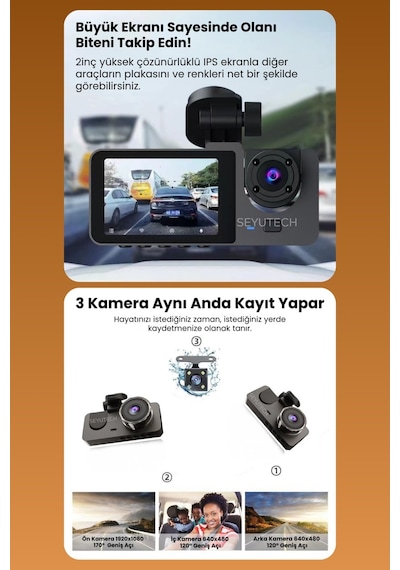 Harvox 3 Kameralı Wi-fi Özellikli Full Hd Araç İçi Kamera 1080p Gece Görüş, G-sensor Dashcam Y15