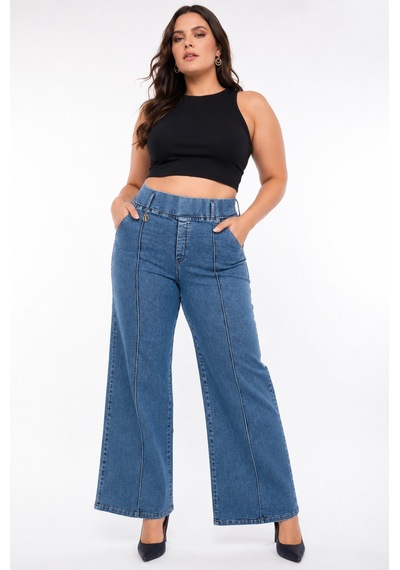 Zanessi Fashıon Büyük Beden Denim Yüksek Bel Bol Paça Kadın Pantolon Mavi