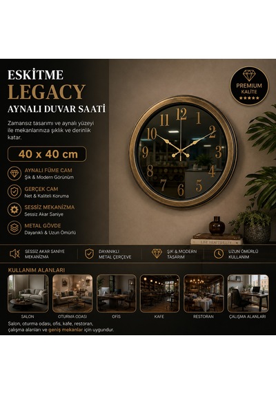 Eskitme Legacy Aynalı 40 X 40 Cm Duvar Saati