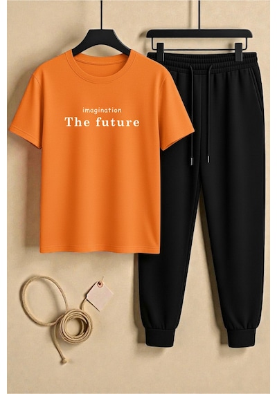 Uyguntarz Unisex The Future Tasarım Baskılı Tişört - 2'li Eşofman Takımı Turuncu