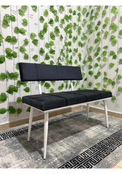 Özcan Metal Beyaz Metal Ayaklı Sırtlı Siyah Mutfak Salon Antre Yatak Odası Puf Bank Oturak Bench Lacivert