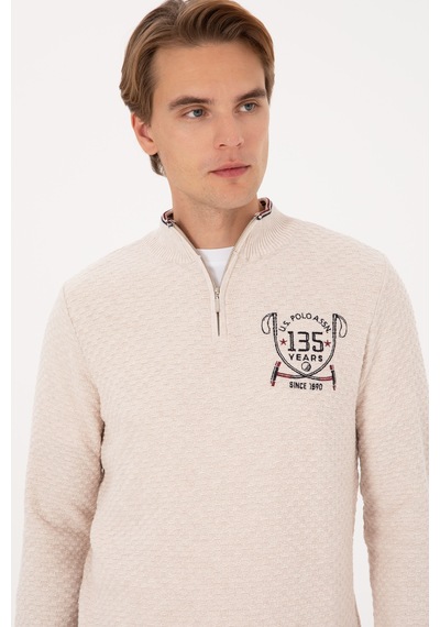 U.S. Polo Assn. Erkek Slim Fit Yarım Fermuarlı Krem Melanj Kazak 50314155-VR159