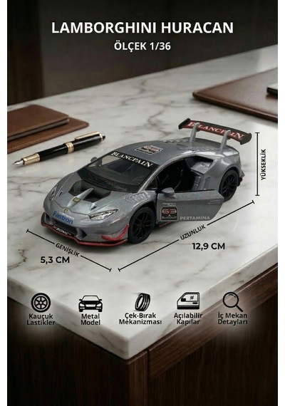 Gri Lamborghini Huracan 1/36 Ölçek Metal Çek Bırak Model Araba Çok Renkli
