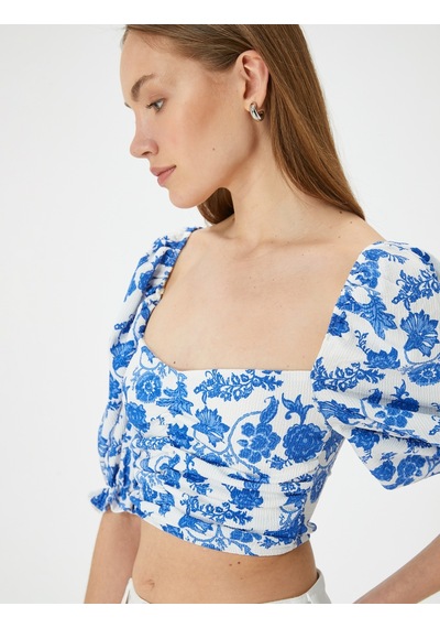 Koton Crop Çiçekli Bluz Kare Yaka Balon Kollu Mavi Desenli 4sak70073ek