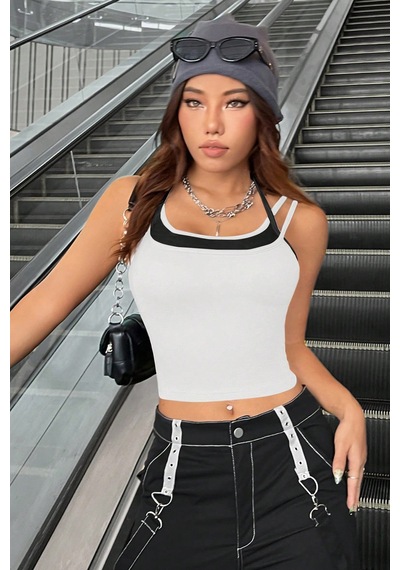 Angbutik Kadın Siyah Beyaz Çift Renk Çapraz Askılı Crop Top Bluz