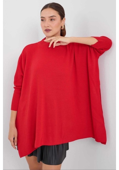 Onno Style Women Düz Triko Standart Panço Kırmızı