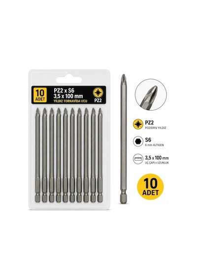 10 Adet Pz2 X S6 3,5 X 100 Mm Yıldız Tornavida Ucu Pozidriv Vidalama Ucu Uzun Tip