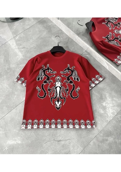 Unisex Bisiklet Yaka Baskılı Oversize T-shirt - Kırmızı 001