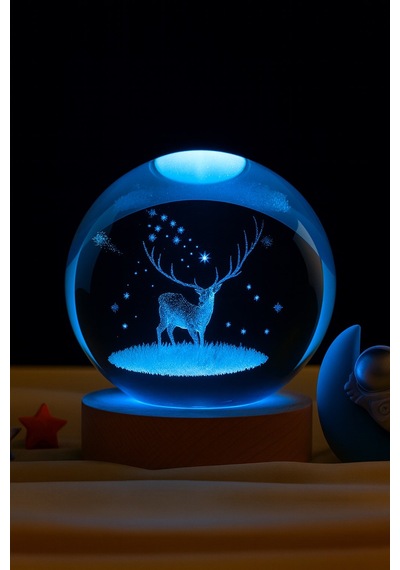 3d Kristal Küre Geyik Figürlü Led Işıklı Gece Lambası Usb'li Ahşap Standlı Dekoratif Rgb Led