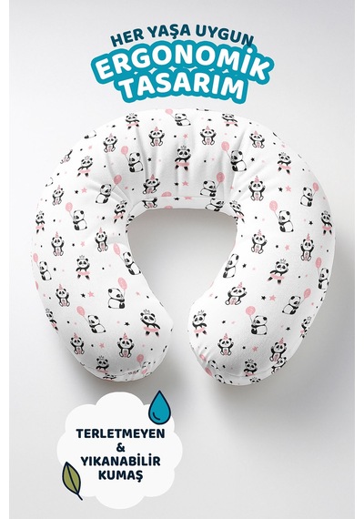 Sevimli Panda Desenli Pamuklu Boyun Yastığı - Pastel Pembe Siyah Yıldızlı Seyahat Yastığı Koyu Adaçayı Somon