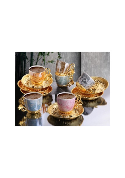 Renkli Mermer Tasarım Lüks Gold Rengi Kahve Takımı Sarı