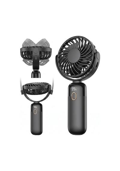 Warmco K70 Taşınabilir Şarjlı El Vantilatörü 2400mah 360 Döner Başlıklı Ve Standlı Dijital Ekranlı Soğutucu Fan Siyah